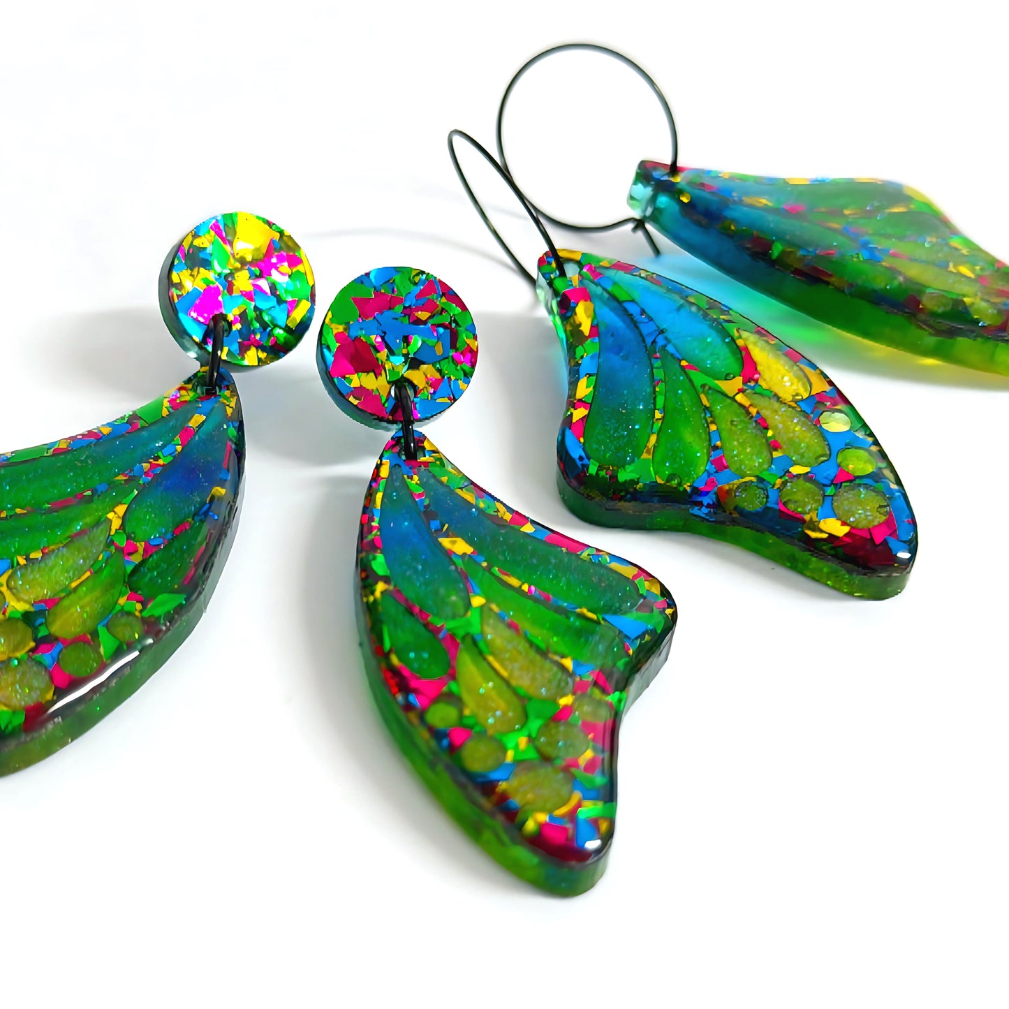 STAINED GLASS EFFECT MAGICAL RAINBOW WINGS : Butterfly Fairy : Handmade Holographic Resin & Acrylic DROP Earrings