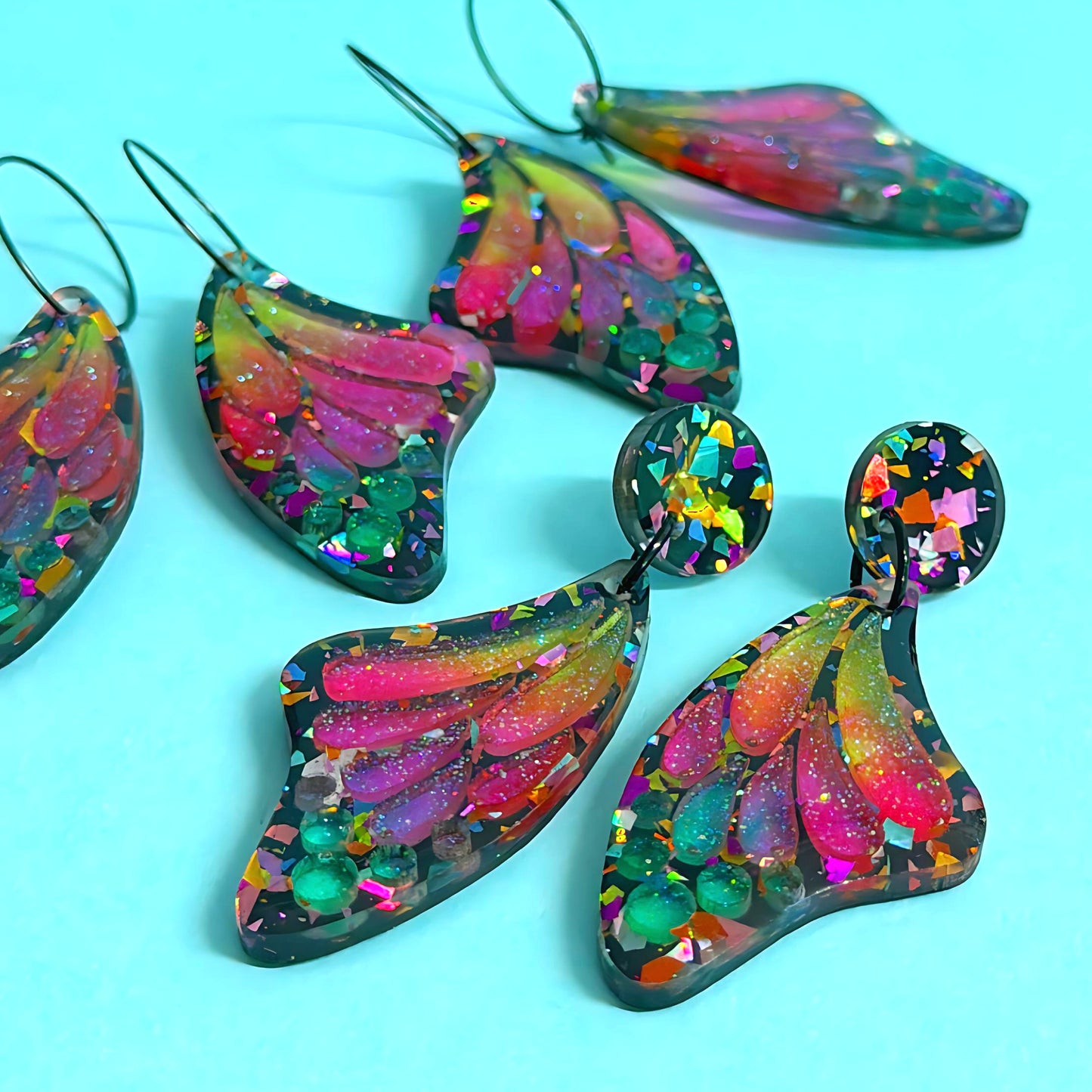 STAINED GLASS EFFECT MAGICAL RAINBOW WINGS : Butterfly Fairy : Handmade Holographic Resin & Acrylic DROP Earrings