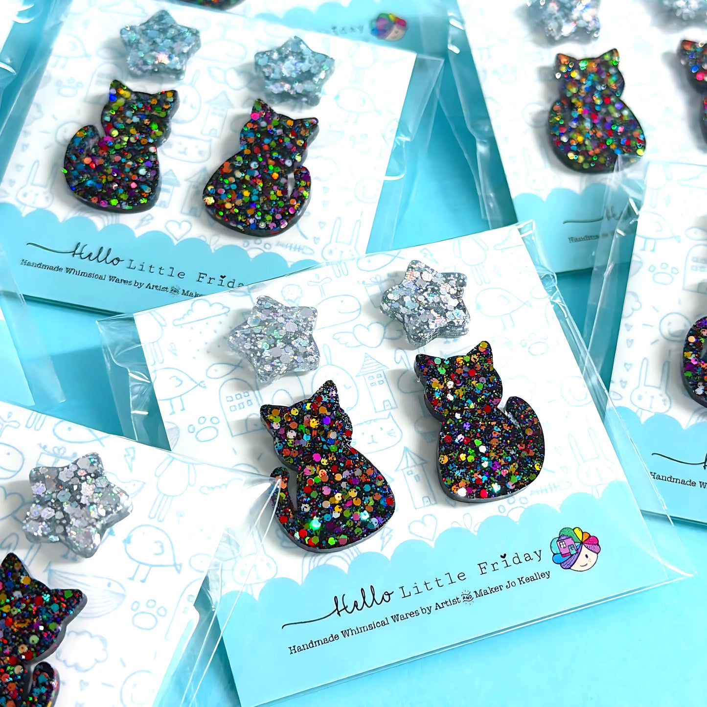 MIDNIGHT RAINBOW KITTY & HOLOGRAPHIC SILVER STAR STUD SET : SPOOKY : Halloween : Handmade Resin STUD Earrings