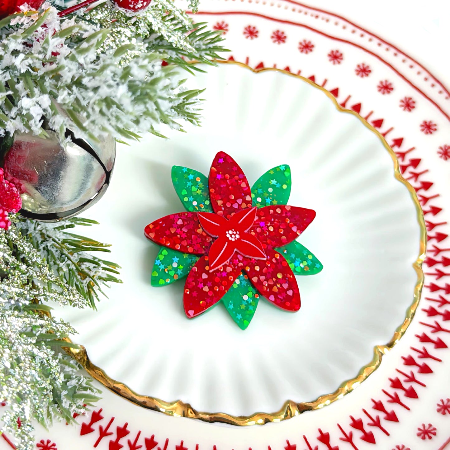 GLISTENING POINSETTIAS : Choose Earrings or Brooch : Handmade Resin & Acrylic DROP Earrings or BROOCH