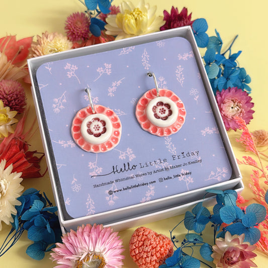 RUFFLE BLOSSOMS Rose Pink ~ PORCELAIN Drop Earrings Handmade by Jo Kealley