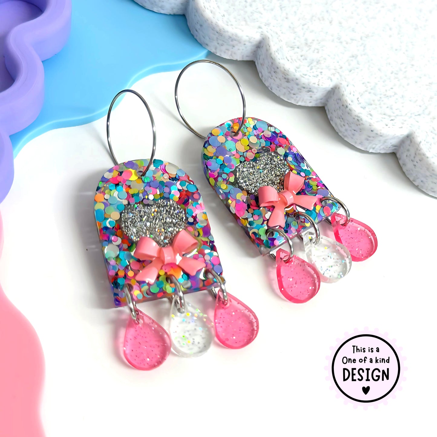 One of a Kind : RAINBOW CONFETTI HEARTS : Handmade Resin DROP Earrings