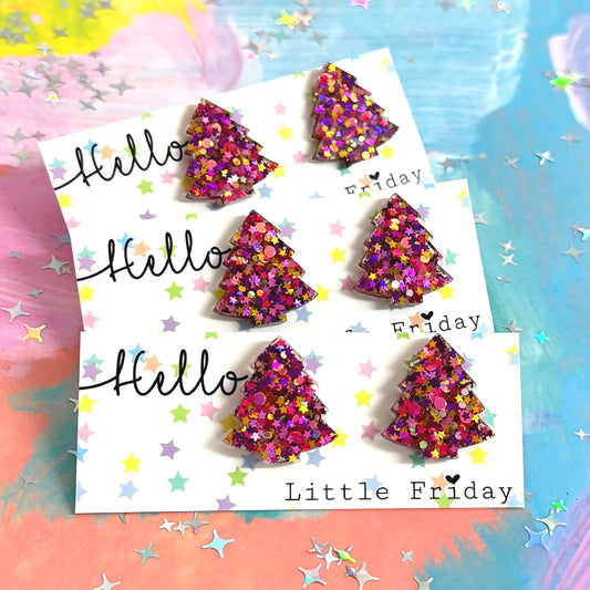 RUBY STARDUST CHRISTMAS TREES : Handmade Resin STUD Earrings