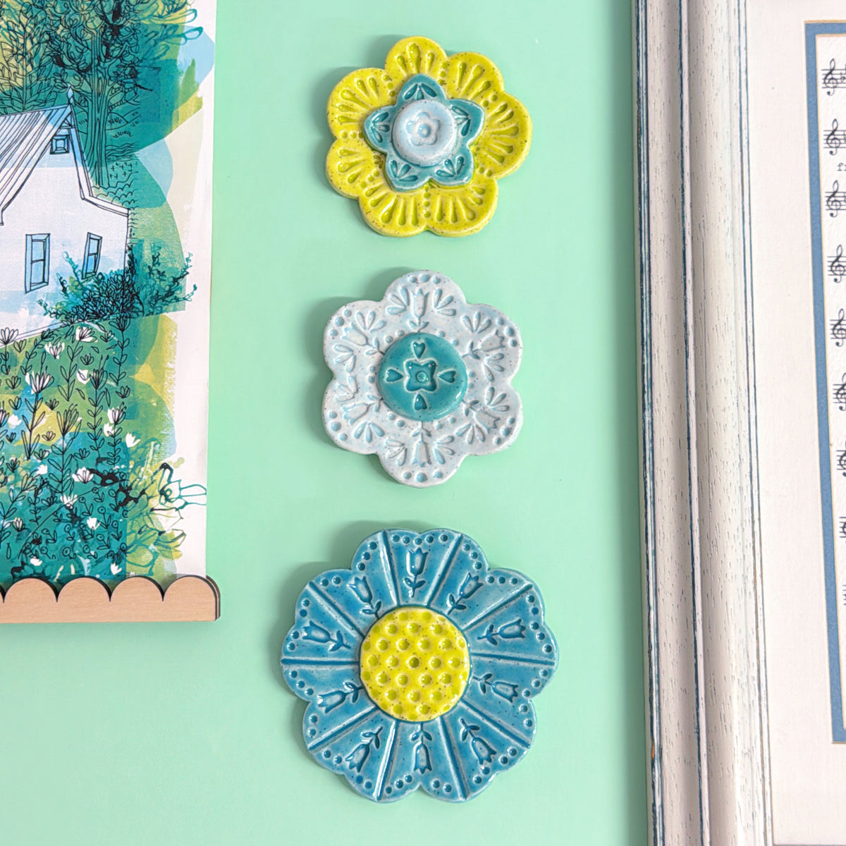 Lime Baby Blue & Teal WALLFLOWERS Wall Art : Choose your design : Handmade Ceramic Ornaments by Jo Kealley