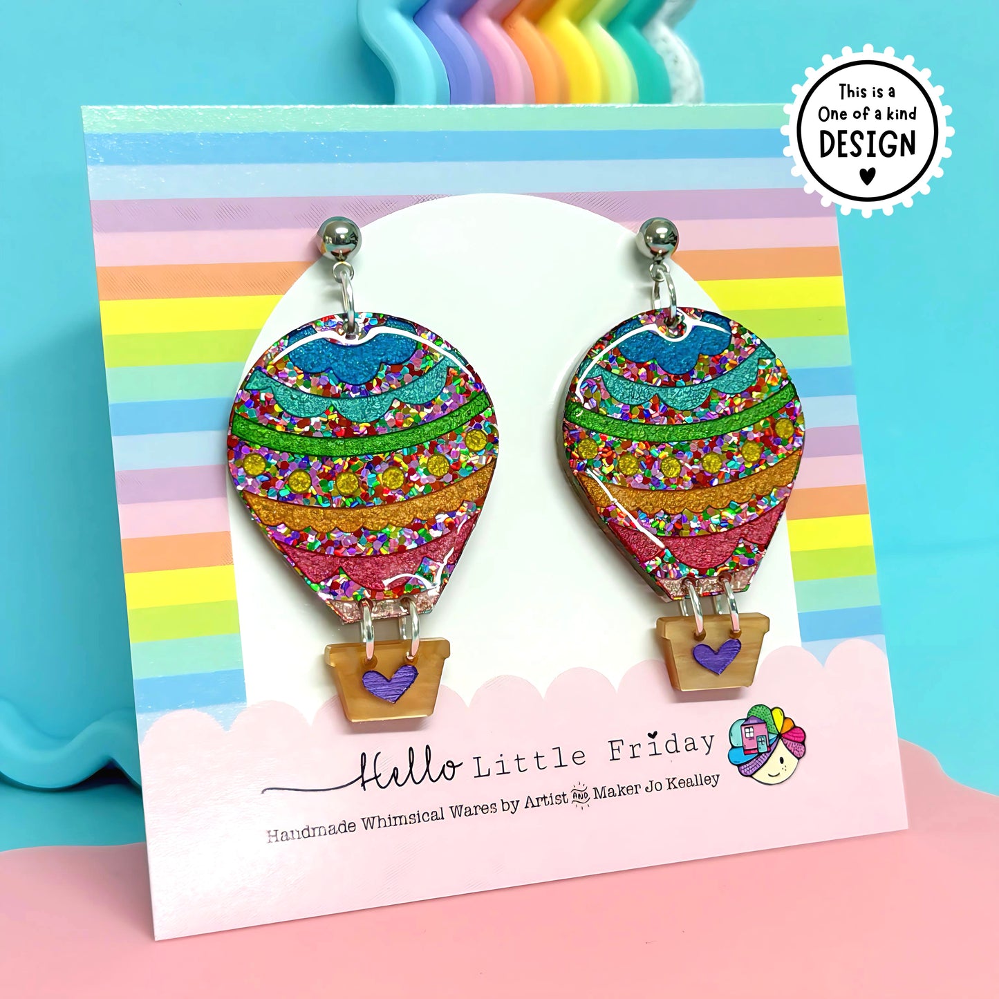 One of a kind pair - LET’S FLY AWAY : Hot Air Balloons : Handmade Resin & Acrylic Stud-top DROP Earrings