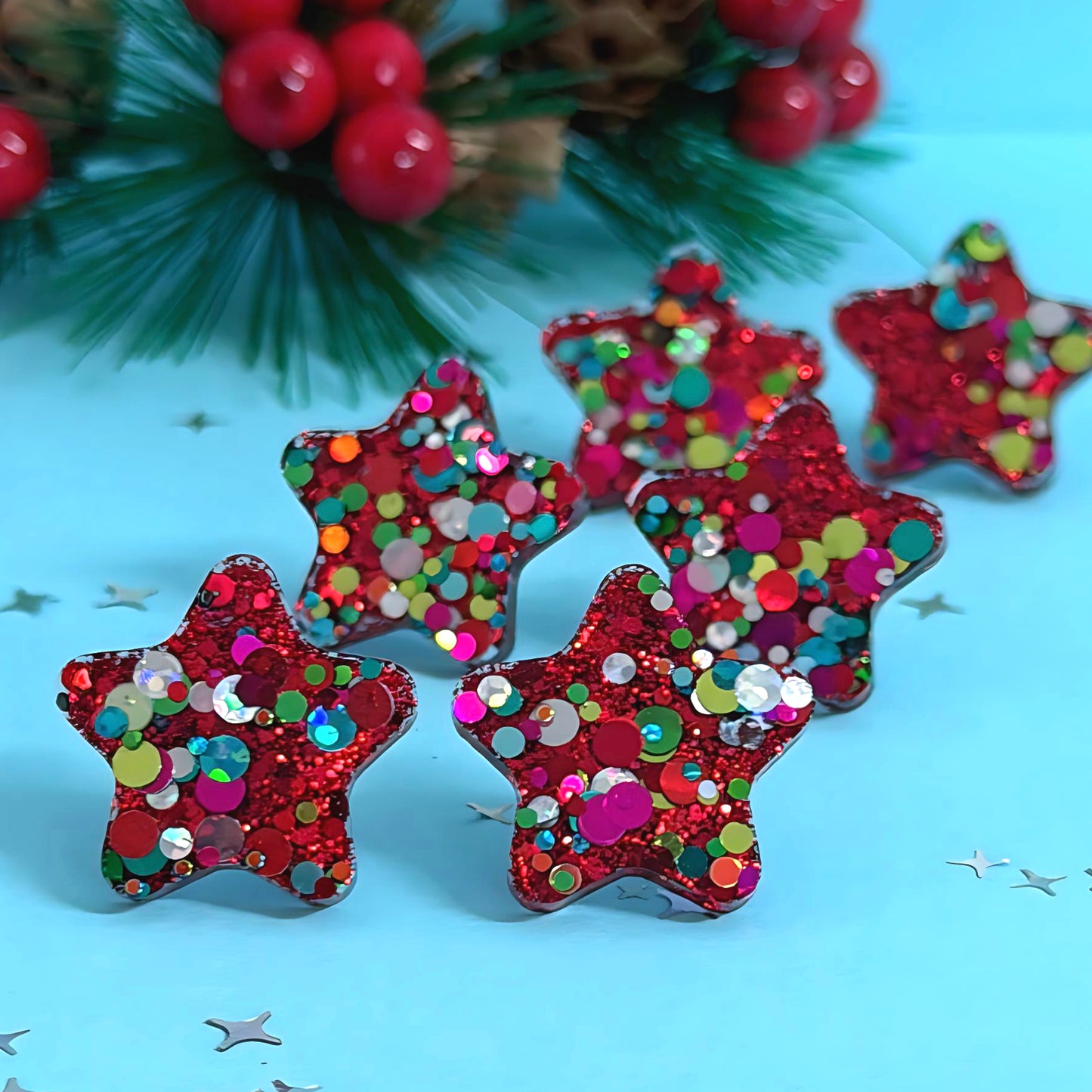 RUBY & EMERALD CONFETTI : FESTIVE STAR : Handmade Resin STUD Earrings