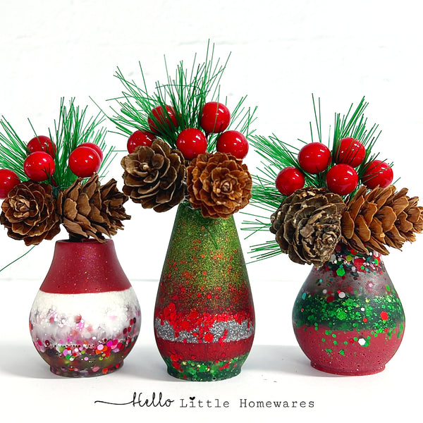 HELLO FESTIVE BUD VASE & BOUQUET : Choose your design : Cast Resin Vase with miniature bouquet