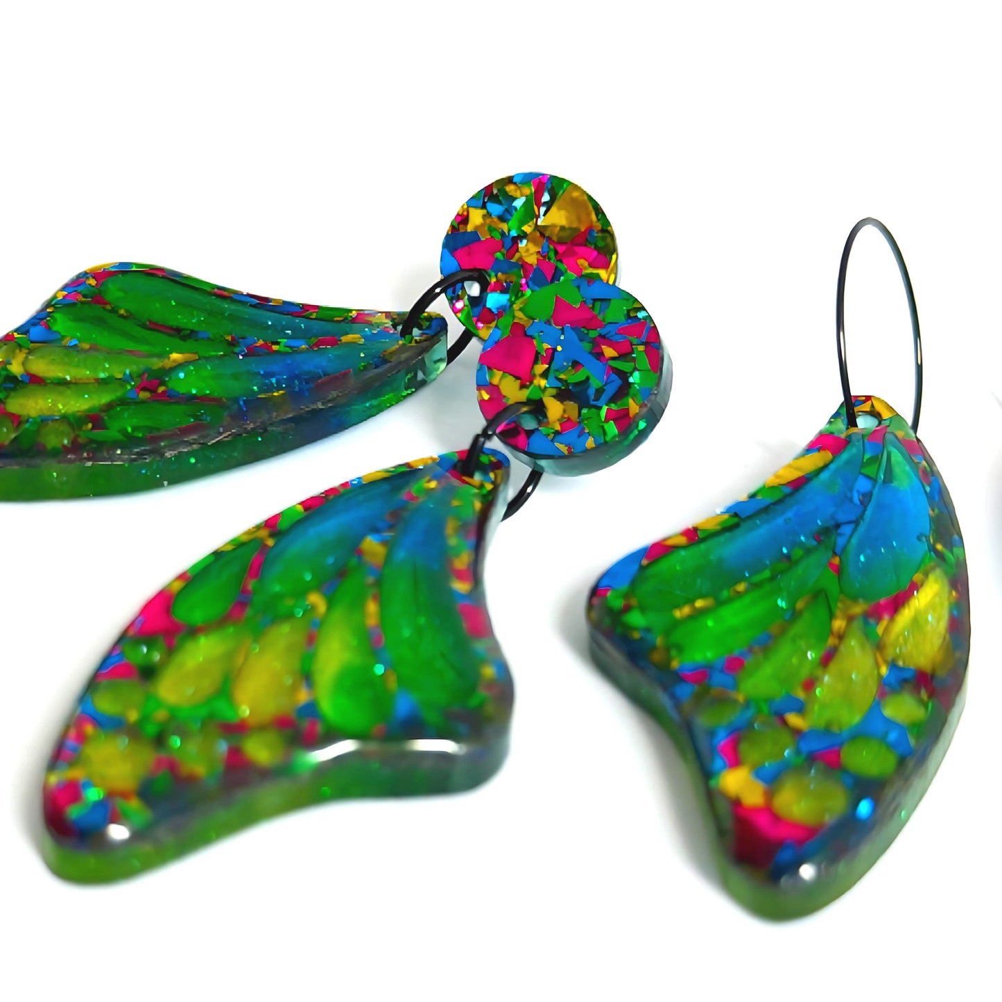 STAINED GLASS EFFECT MAGICAL RAINBOW WINGS : Butterfly Fairy : Handmade Holographic Resin & Acrylic DROP Earrings