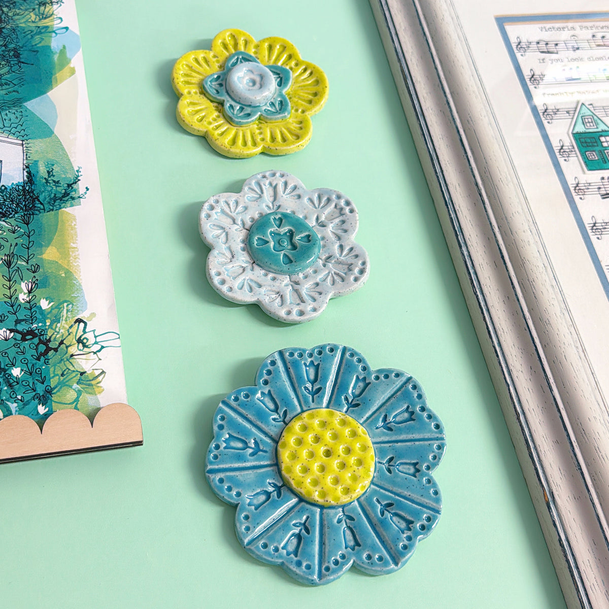 Lime Baby Blue & Teal WALLFLOWERS Wall Art : Choose your design : Handmade Ceramic Ornaments by Jo Kealley