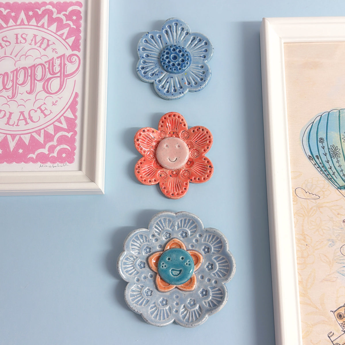 Peach Baby Blue & Denim WALLFLOWERS Wall Art : Choose your design : Handmade Ceramic Ornaments by Jo Kealley