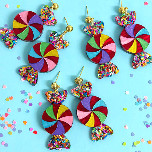 HELLO CHRISTMAS SWEETIE BON BONS : Rainbow Tinsel : Handmade Resin & Acrylic DROP Earrings