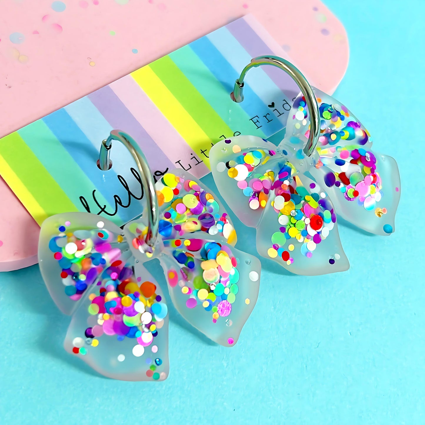 RAINBOW BOWS : Translucent Confetti Bows : Choose your size : Handmade Resin DROP Earrings