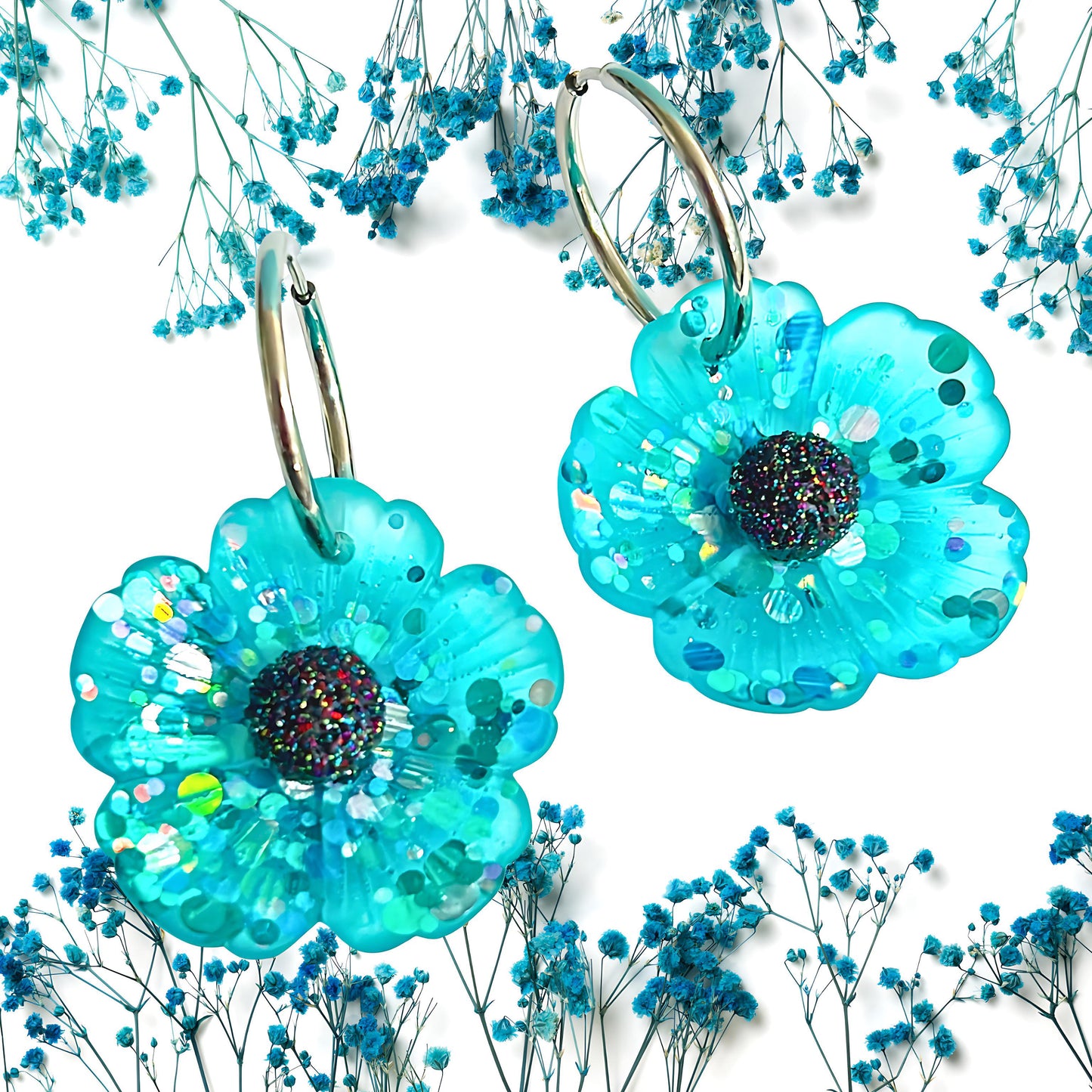 CONFETTI POPPIES : AQUAMARINE : Handmade Resin Drop Earrings on Huggie Hoops