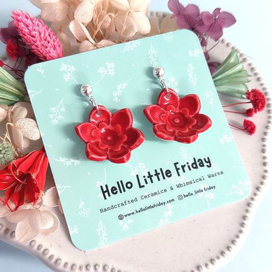 One of a kind CHRISTMAS RED STARFLOWER : PORCELAIN Drop Earrings Handmade by Jo Kealley