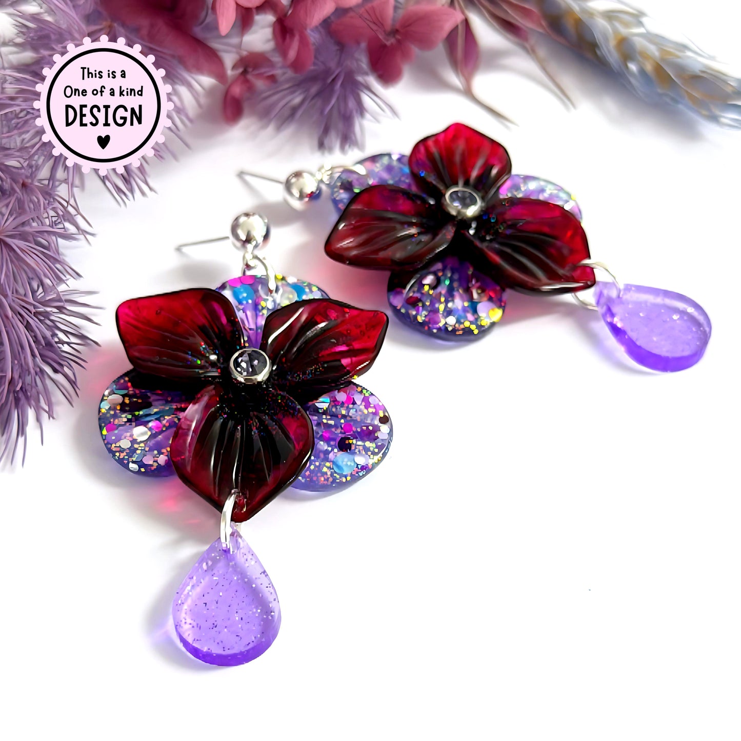 One of a Kind : 3D PANSIES with handset Swarovski centres : Handmade Resin DROP Earrings