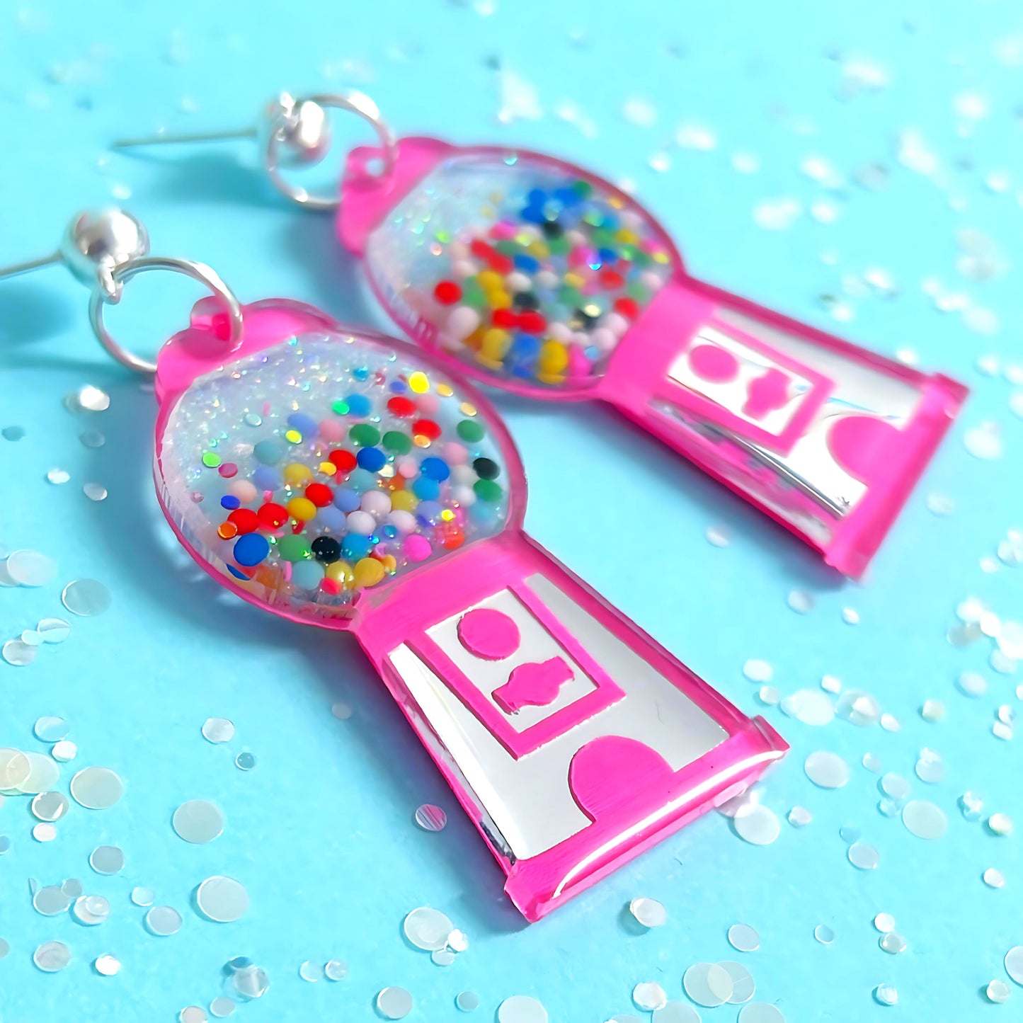 YUM YUM BUBBLEGUM : Shiny silver & pastel : Handmade Stud-top Resin & Acrylic DROP Earrings