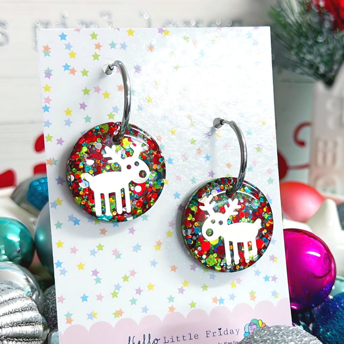 RUDOLPH THE RED NOSE REINDEER : SILVER : Handmade Resin DROP Earrings