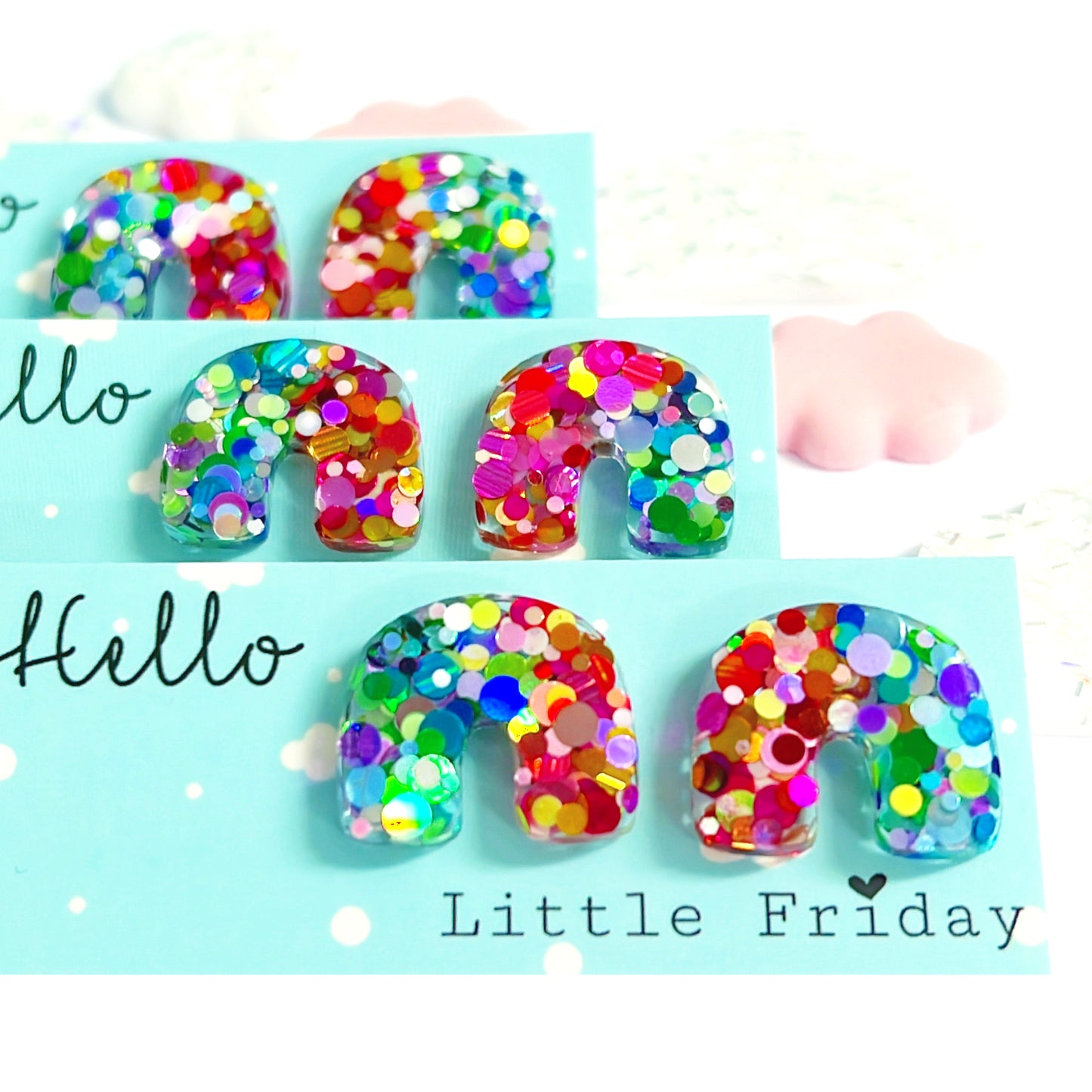 BABY BOWS : CONFETTI RAINBOWS : Choose your size : Handmade Resin STUD Earrings
