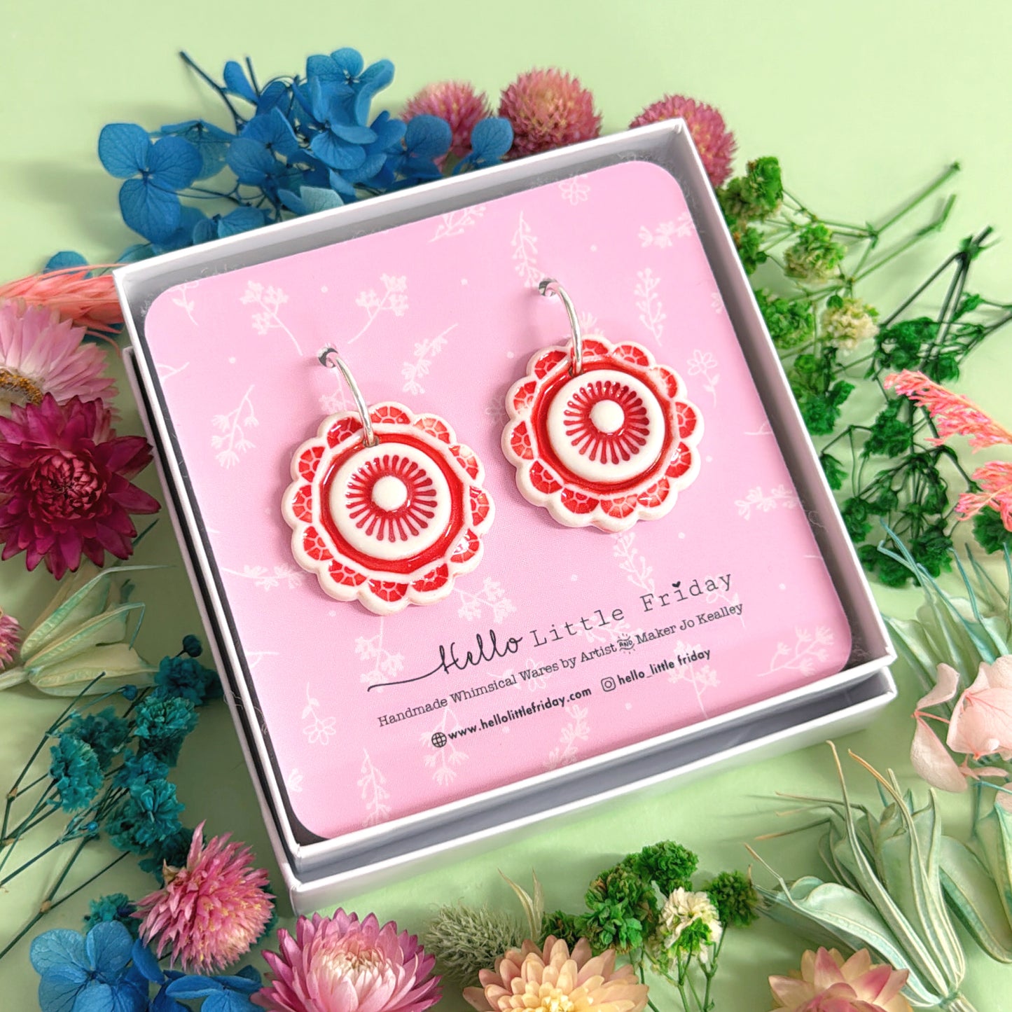 RUBY RED PINWHEELS ~ PORCELAIN Drop Earrings Handmade by Jo Kealley