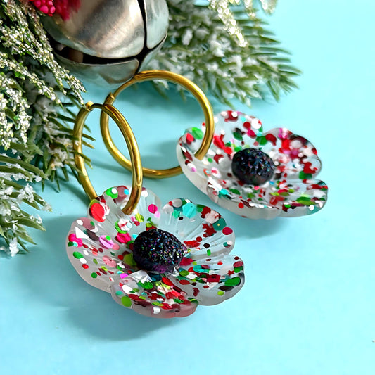 FESTIVE CONFETTI POPPIES : CHRISTMAS : Choose Silver or Gold fittings : Handmade Resin Drop Earrings on Huggie Hoops