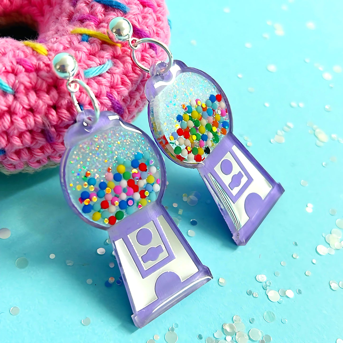 YUM YUM BUBBLEGUM : Shiny silver & pastel : Handmade Stud-top Resin & Acrylic DROP Earrings