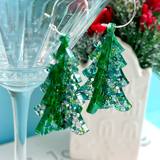 MERRY GLITZMAS EMERALD GREEN : 3D CHRISTMAS TREE : Handmade Acrylic & Resin DROP Earrings