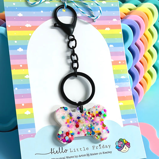 RAINBOW CONFETTI BONE DOG PET : Handmade Resin KEY CHAIN or BAG CHARM