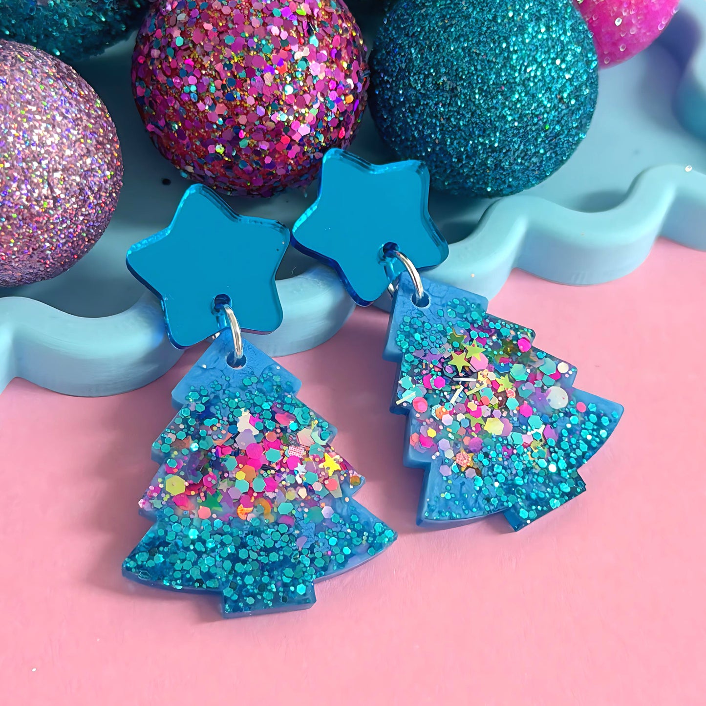 TWINKLING LIGHTS 
: RAINBOW CHRISTMAS TREES : Handmade Resin & Acrylic Stud-top DROP Earrings