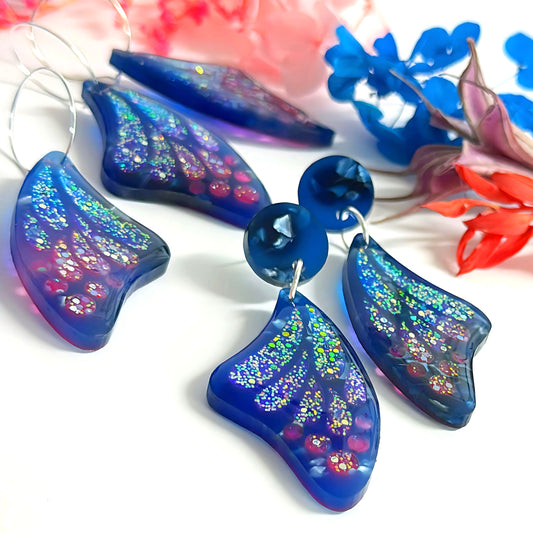 STAINED GLASS EFFECT IRIDESCENT WINGS : Butterfly Fairy : Handmade Holographic Resin & Acrylic DROP Earrings