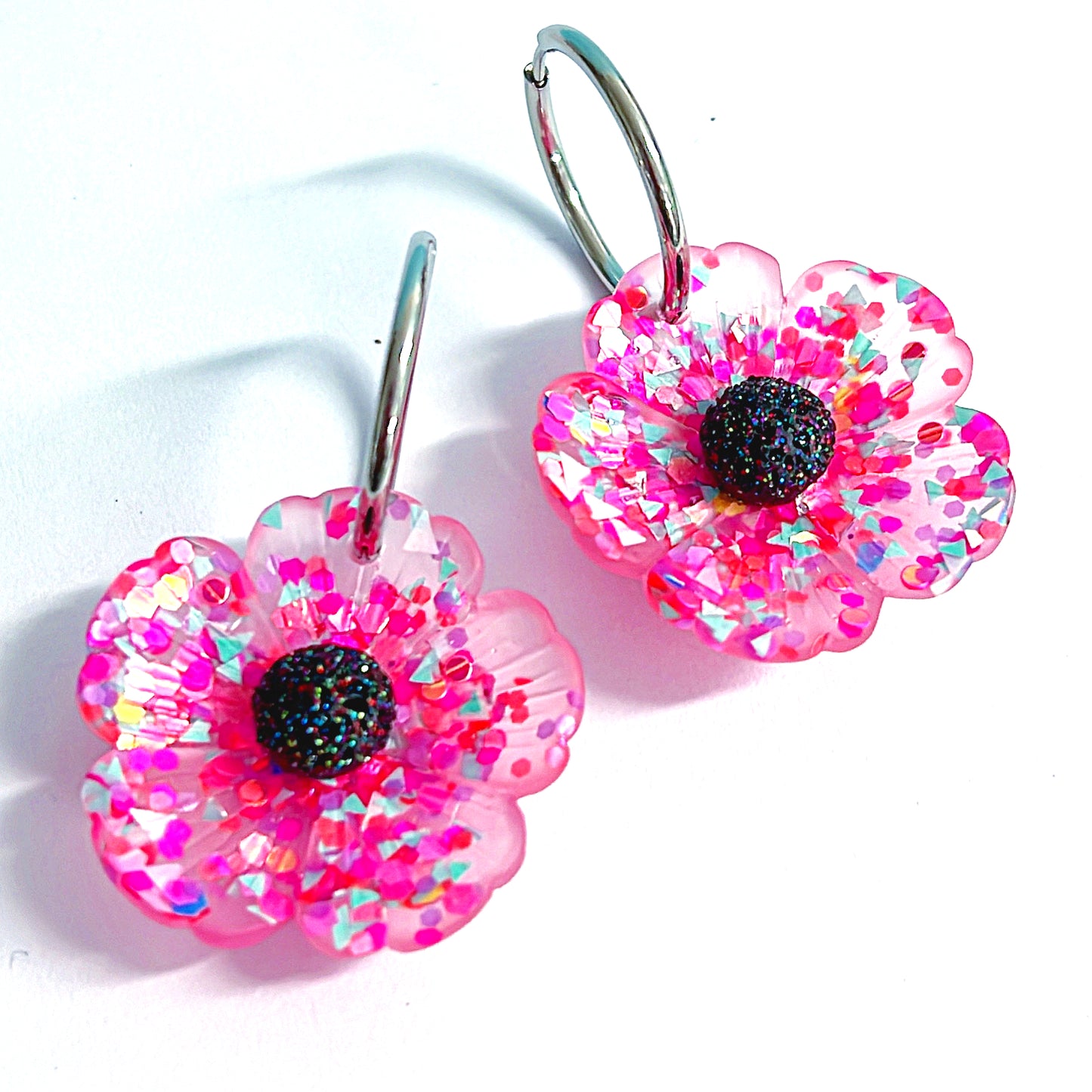 One of a kind colours : CONFETTI POPPIES : Choose your colour : Handmade Resin Drop Earrings on Huggie Hoops
