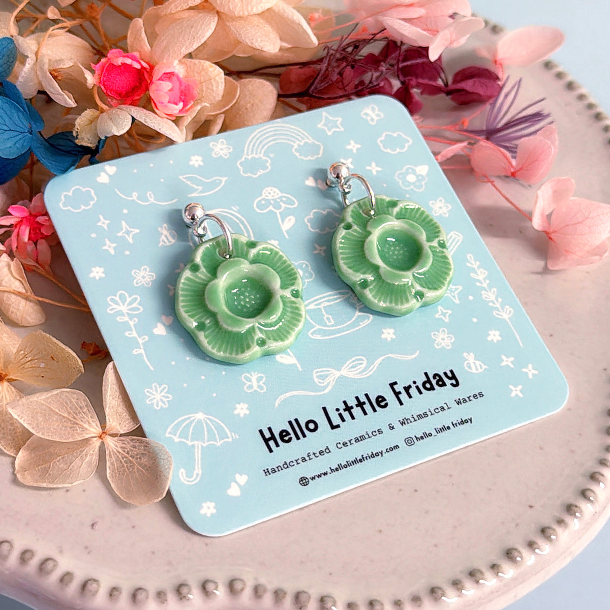 One of a kind CHRISTMAS Rose: Petite PORCELAIN Drop Earrings Handmade by Jo Kealley