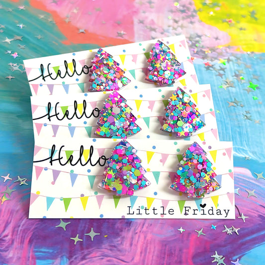 VIBRANT RAINBOW CONFETTI  CHRISTMAS TREES : Handmade Resin STUD Earrings
