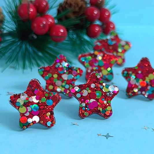 RUBY & EMERALD CONFETTI : FESTIVE STAR : Handmade Resin STUD Earrings