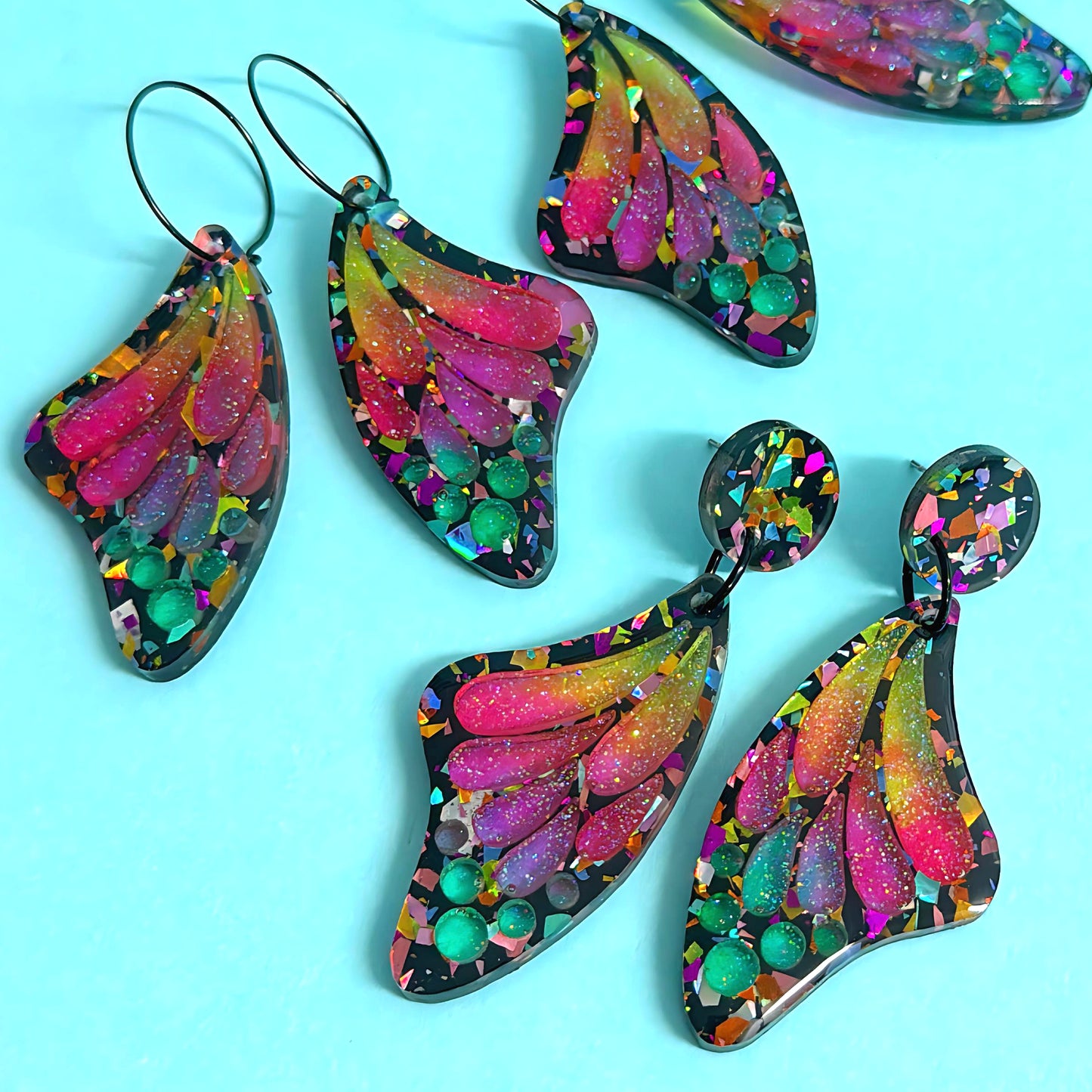 STAINED GLASS EFFECT MAGICAL RAINBOW WINGS : Butterfly Fairy : Handmade Holographic Resin & Acrylic DROP Earrings