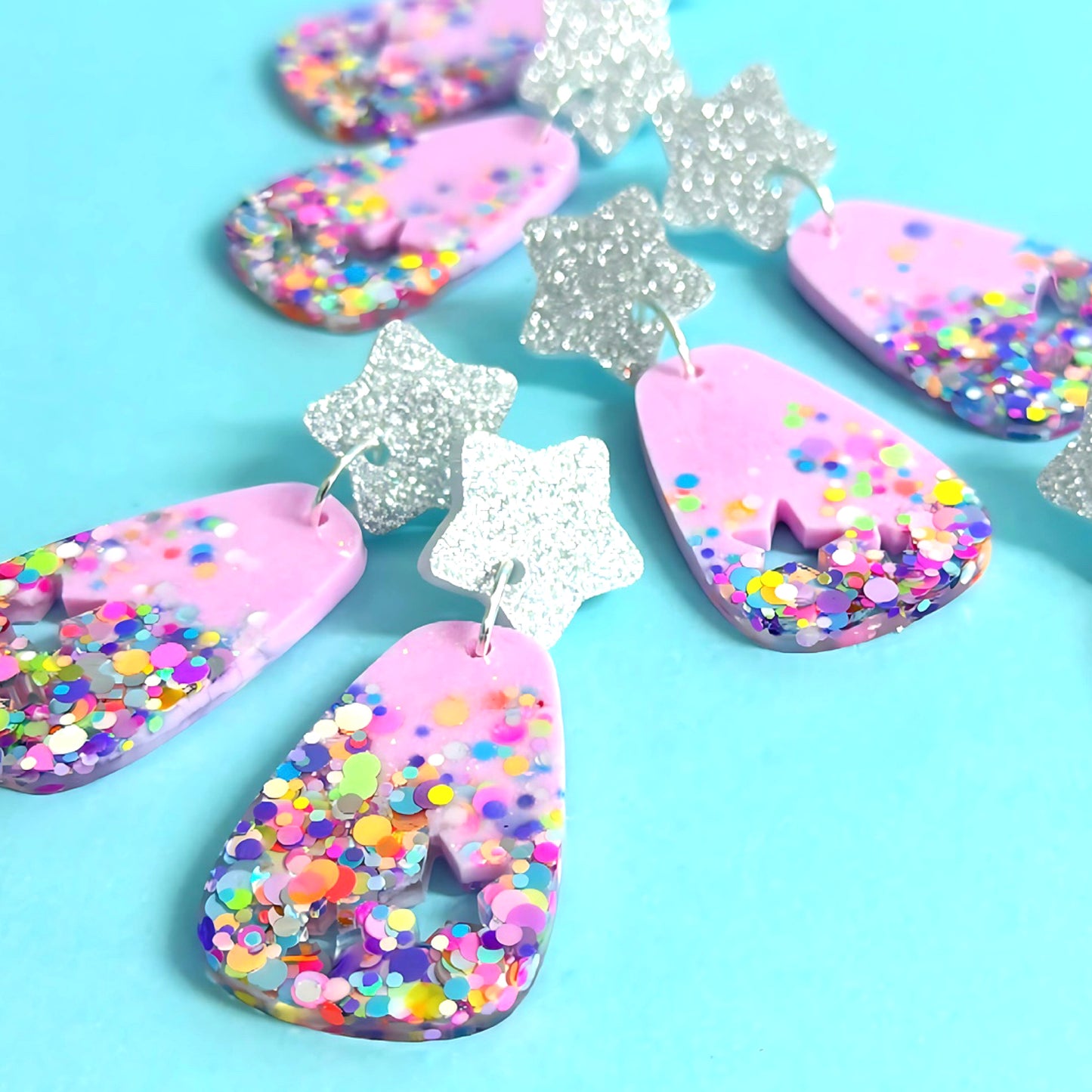 WE ARE MADE OF STARDUST : FUNFETTI MARSHMALLOW PINK RAINBOW : Handmade Resin & Acrylic STUD-TOP DROP Earrings