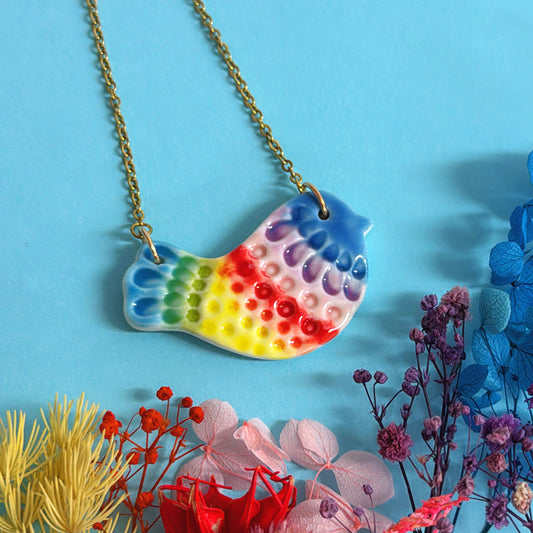 RAINBOW BLUEBIRD ~ One of a kind : Small Porcelain Pendant handmade by Jo Kealley
