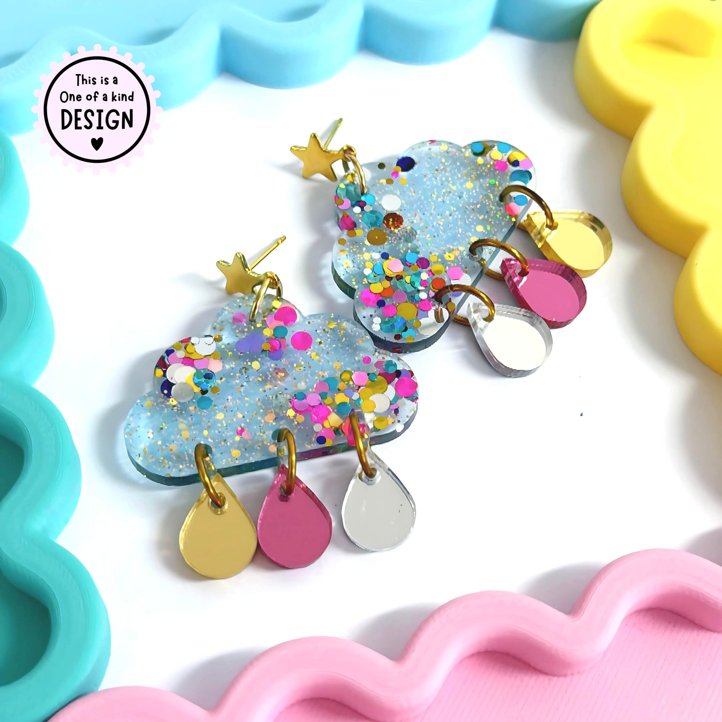 One of a Kind : IT’S RAINING RAINBOWS : Handmade Resin & Acrylic DROP Earrings