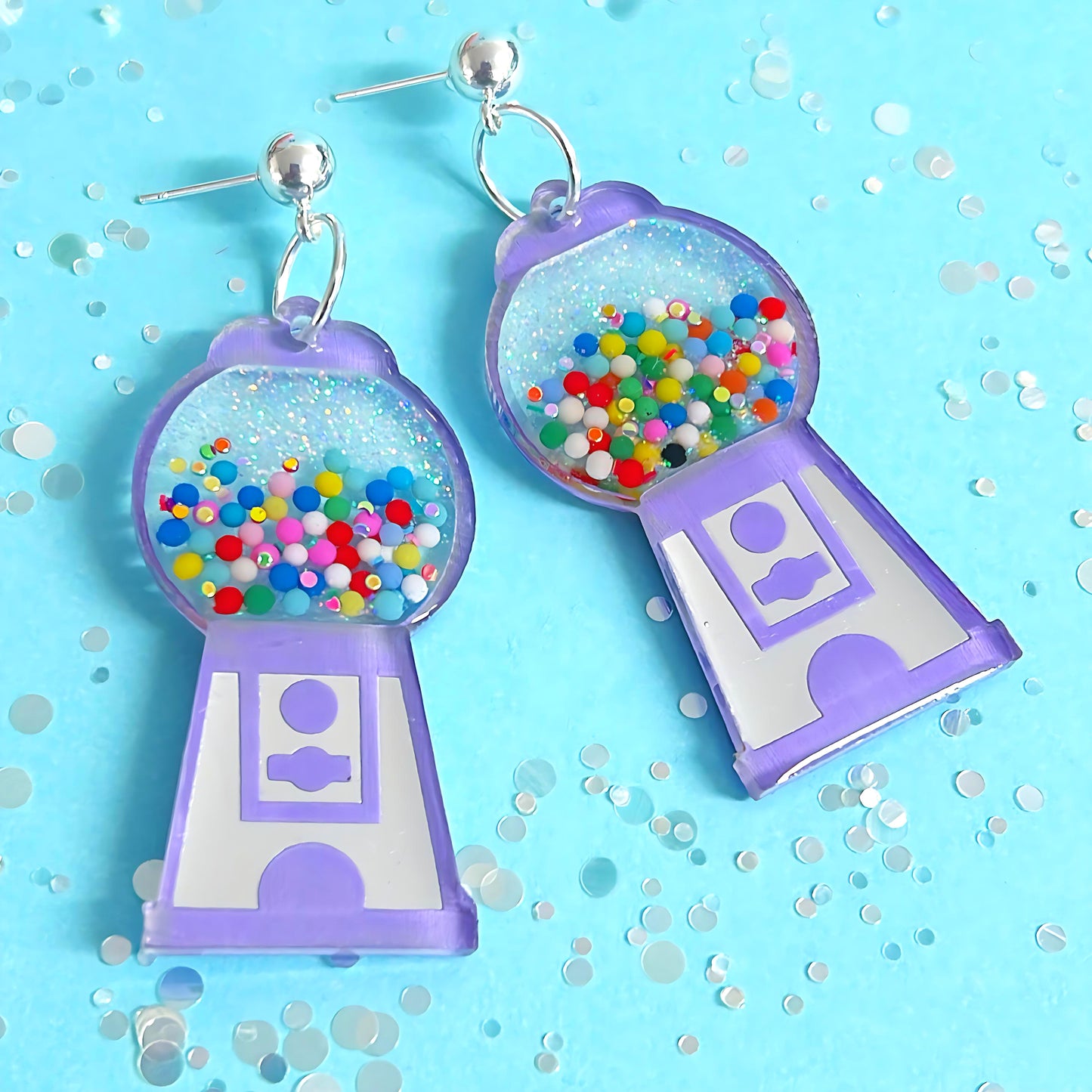 YUM YUM BUBBLEGUM : Shiny silver & pastel : Handmade Stud-top Resin & Acrylic DROP Earrings