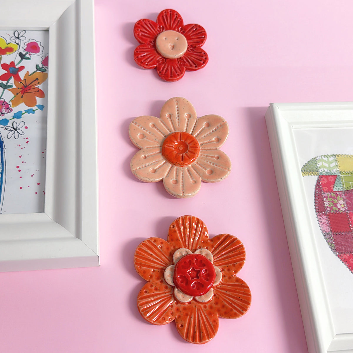 Peach Tangerine & Red WALLFLOWERS Wall Art : Choose your design : Handmade Ceramic Ornaments by Jo Kealley