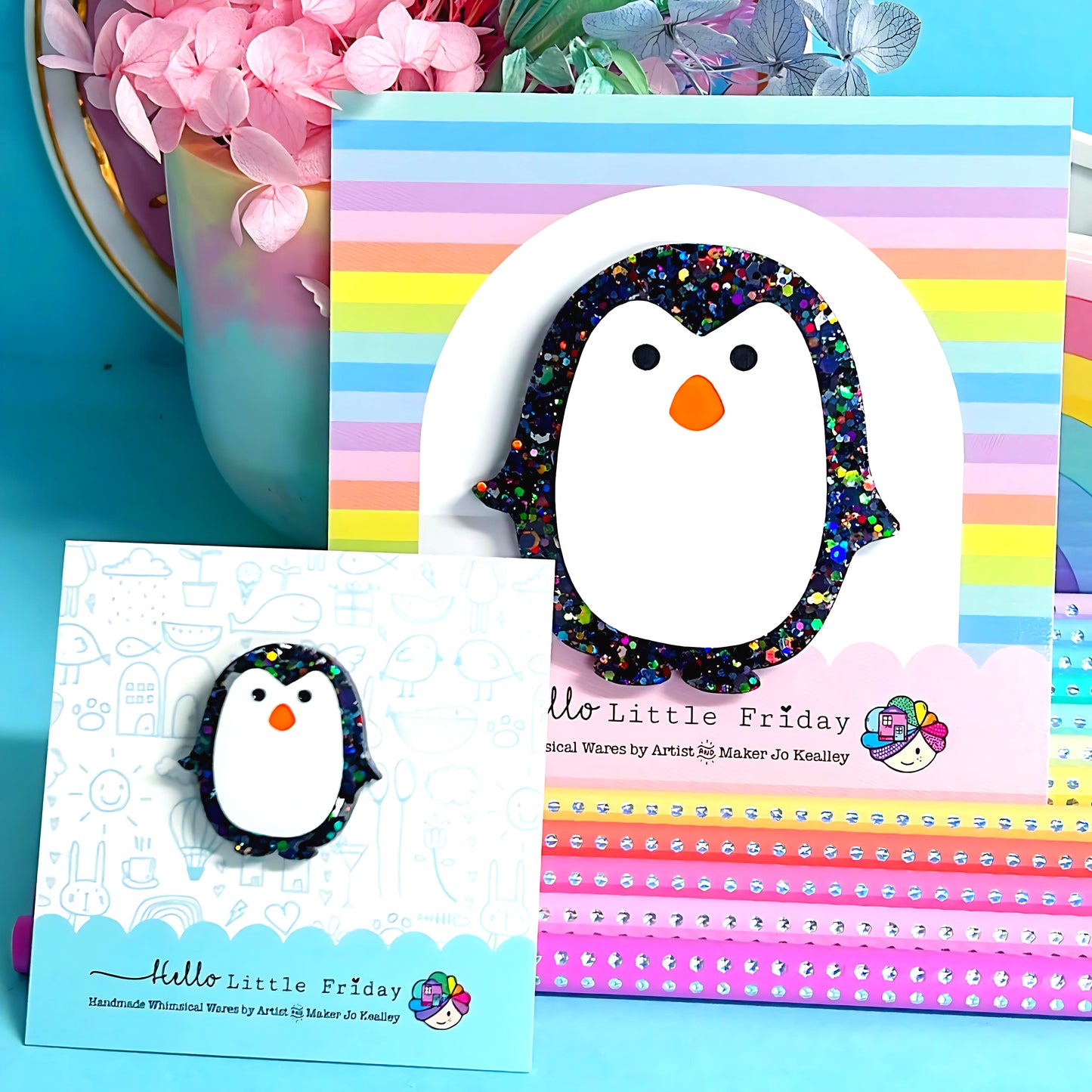 HELLO LITTLE PENGUINS : DAZZLING RAINBOW : Handmade Resin Mini Pin or Statement BROOCH