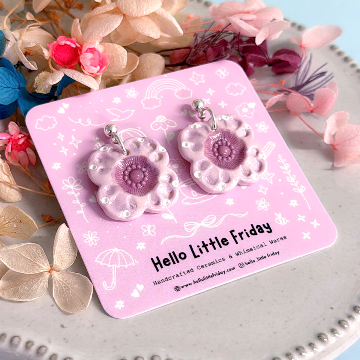 One of a kind PANSY BLOOMS : PORCELAIN Drop Earrings Handmade by Jo Kealley