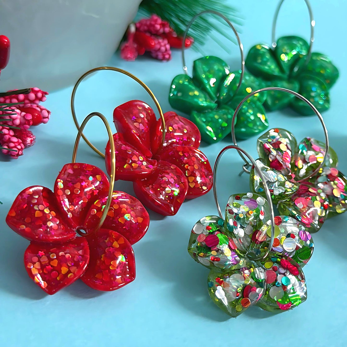FESTIVE FRANGIPANI SPINNERS : Choose your colour : Handmade Resin DROP Earrings