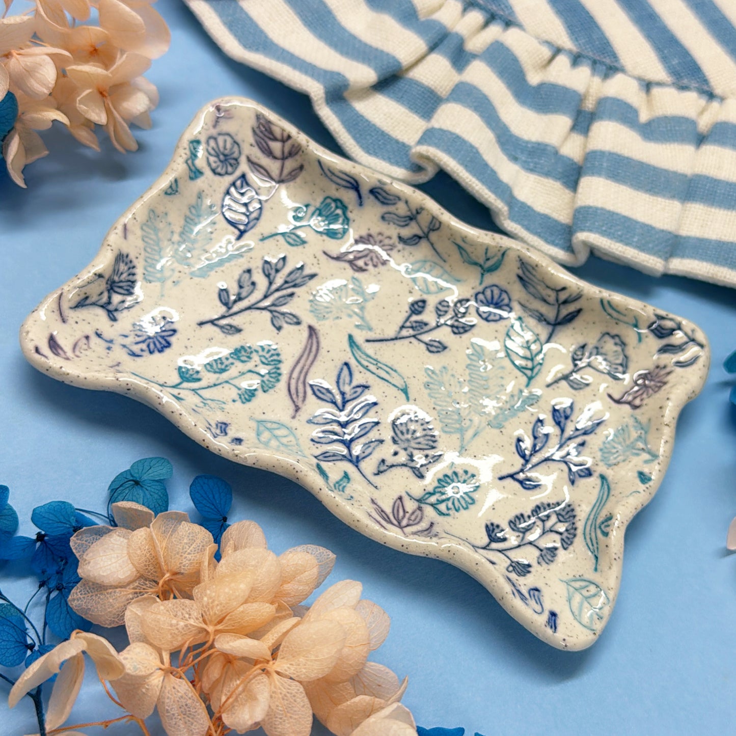 JO’S GARDEN 💙 Wave-edged Rectangular Tray 🩵 Handmade Ceramic Treats & Tapas Dish by Jo Kealley
