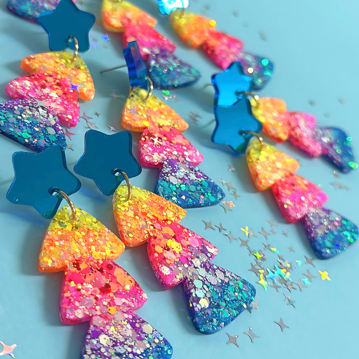 BRIGHT RAINBOW OMBRÈ CHRISTMAS TREES : Handmade Resin & Acrylic Stud-top DROP Earrings