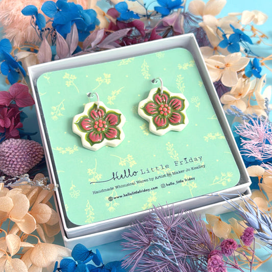BUTTERCUPS Pink & Olive : One of a kind pair ~ PORCELAIN Drop Earrings Handmade by Jo Kealley