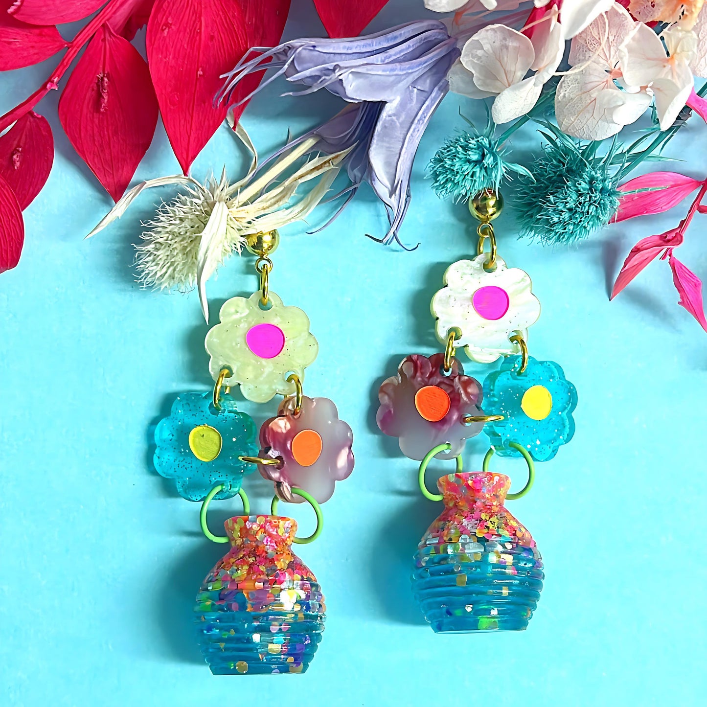 SPRINGTIME BOUQUETS : 3D VASE : Handmade Acrylic & Resin DROP Earrings