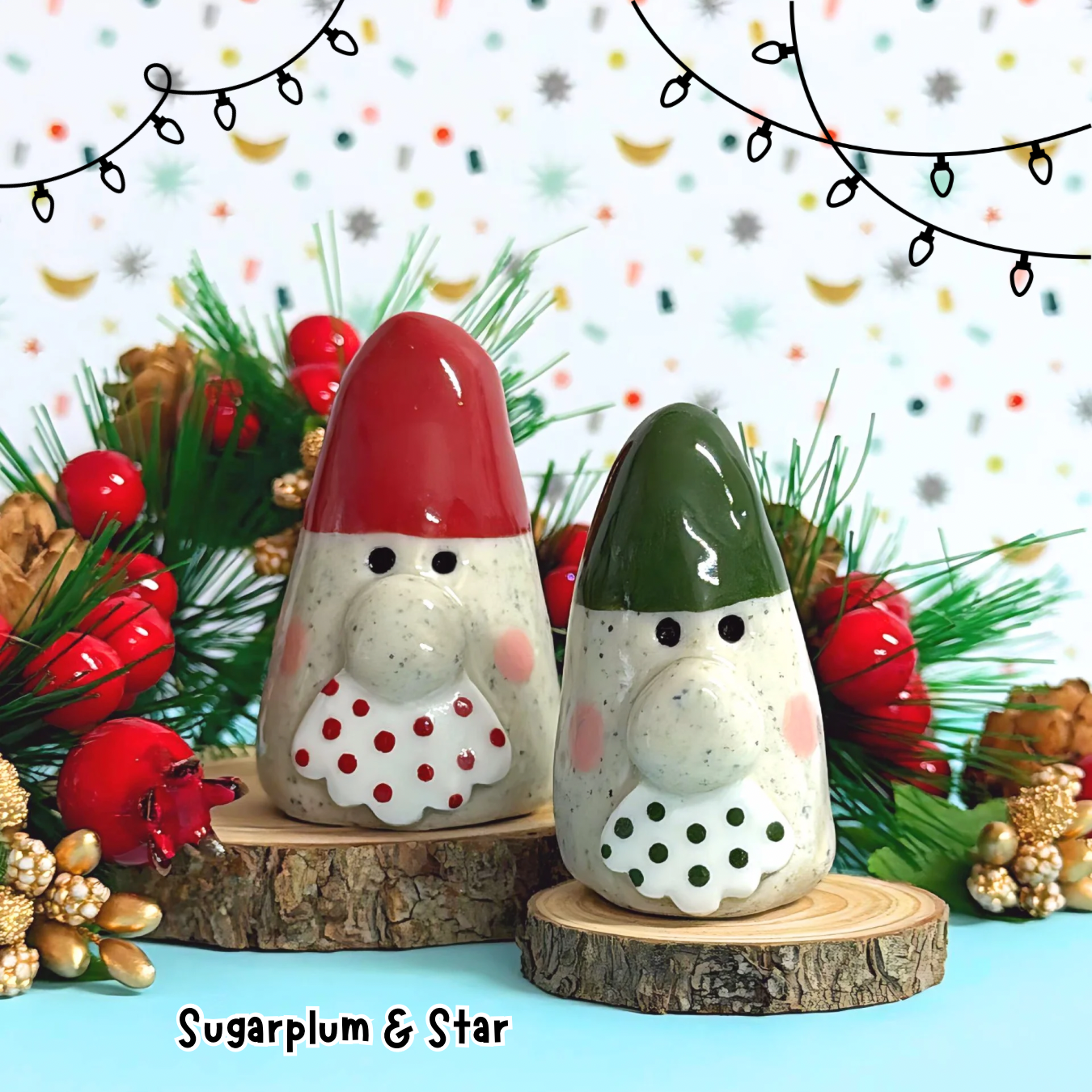 SUGARPLUM & STAR : Santa Gnome PAIR : Handmade Ceramic Whimsies by Jo Kealley