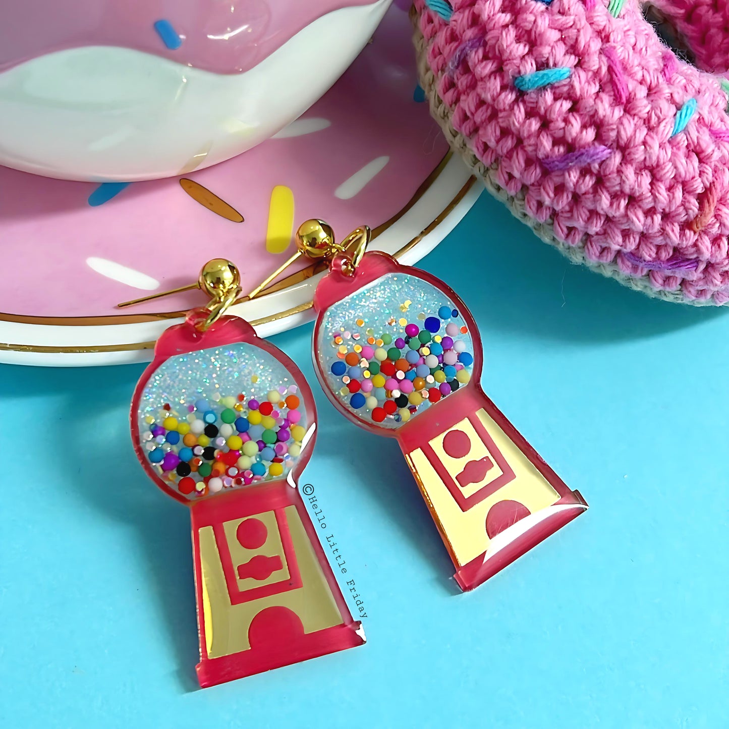 YUM YUM BUBBLEGUM : Golden glow & ruby red : Handmade Stud-top Resin & Acrylic DROP Earrings