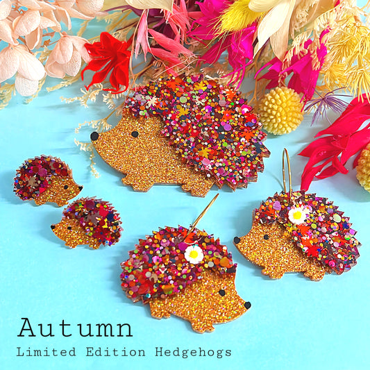 LIMITED EDITION : HELLO  LITTLE HEDGEHOGS : AUTUMN : STUD, DROPS & BROOCHES Handmade Resin