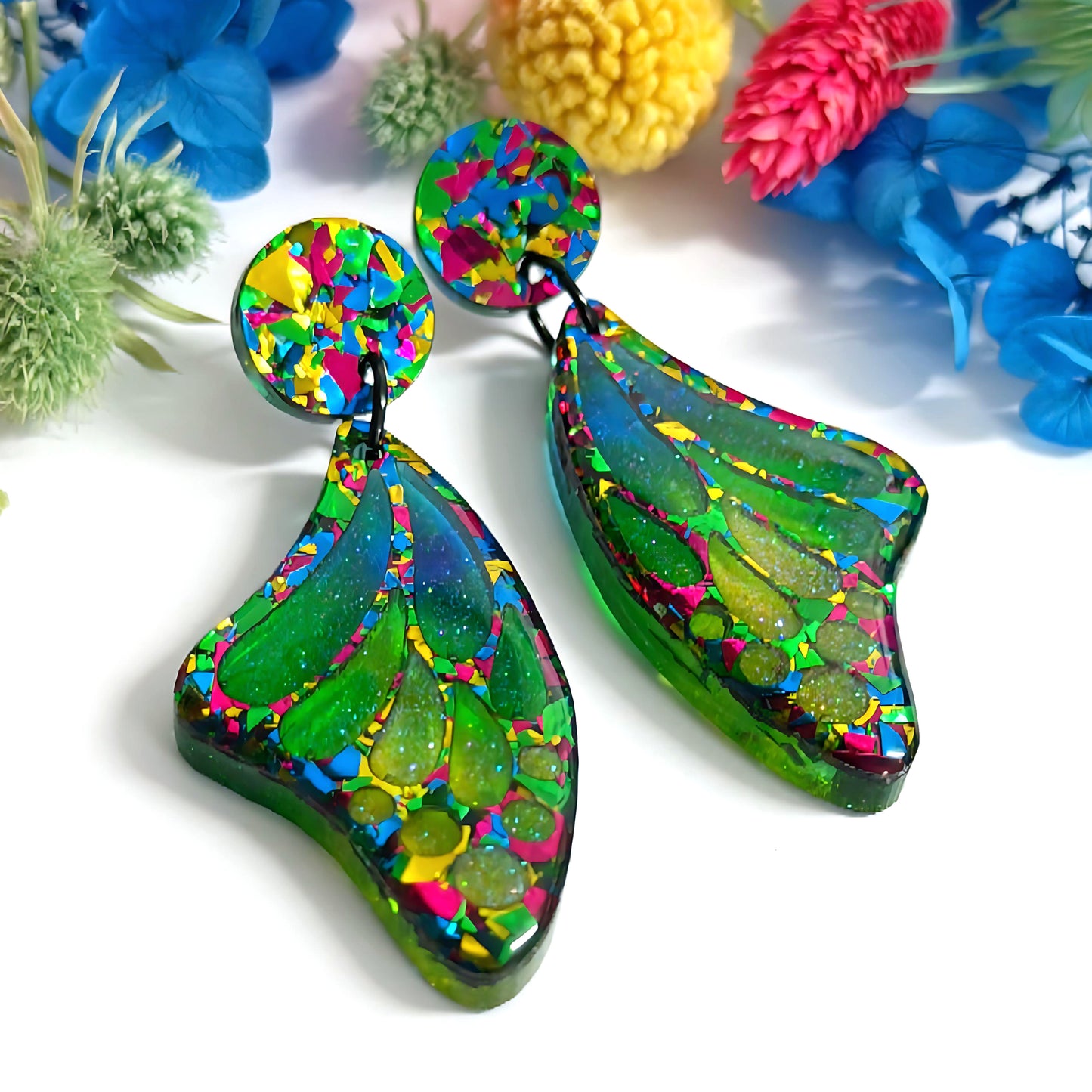 STAINED GLASS EFFECT MAGICAL RAINBOW WINGS : Butterfly Fairy : Handmade Holographic Resin & Acrylic DROP Earrings